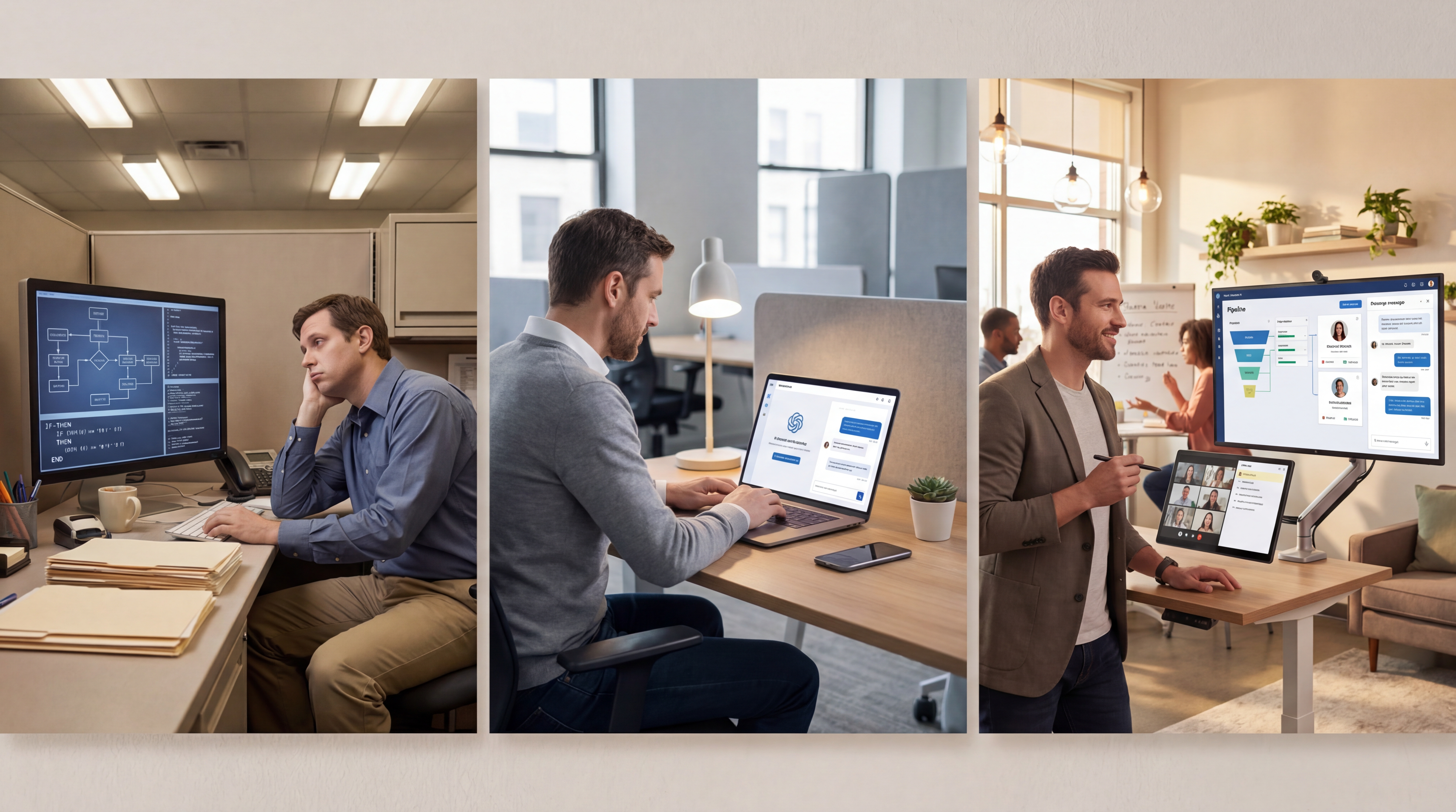 Triptych showing the evolution from workflow automation to AI automation to AI agent — three people in different work environments representing each approach
