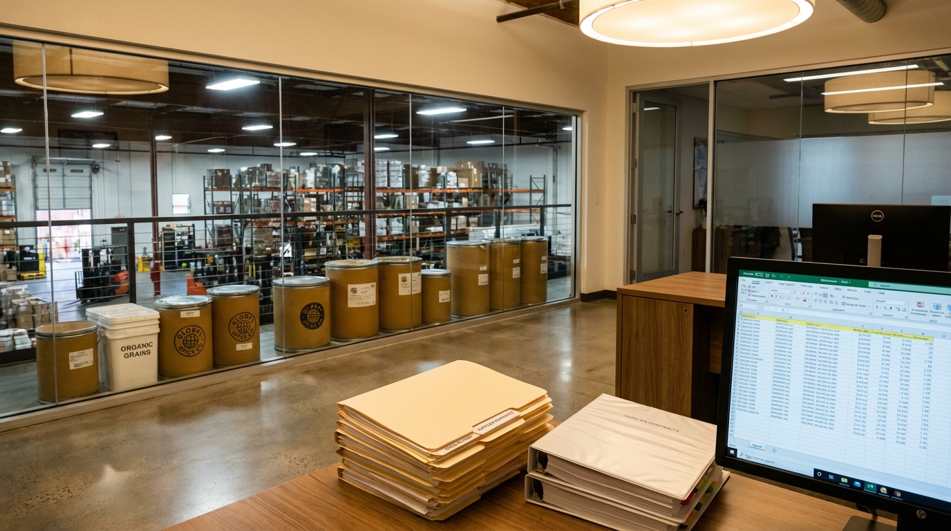 A warehouse office desk with multiple supplier folders and ingredient containers visible in the background
