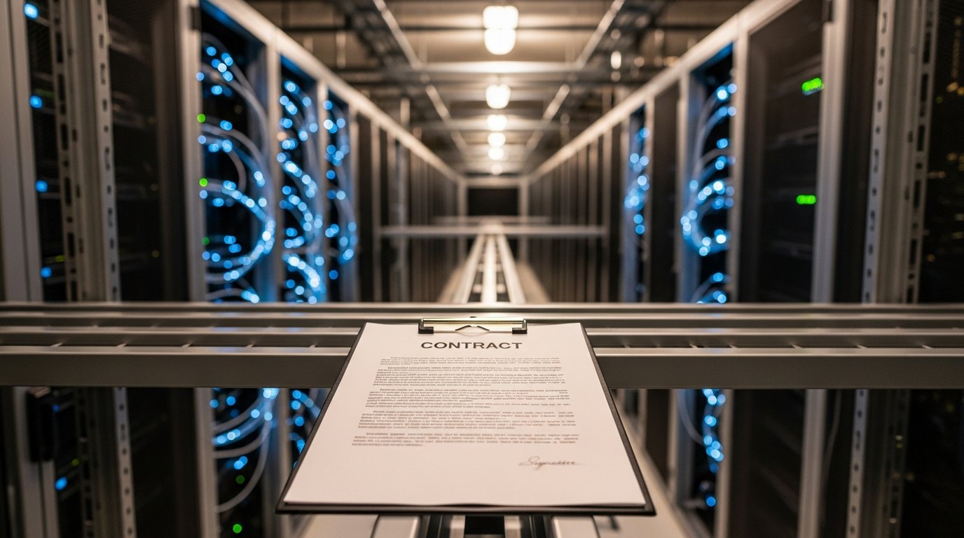 A European data centre interior at night, fibre-optic cabling glowing blue, a clipboard with a contract resting on a server rack frame in the foreground
