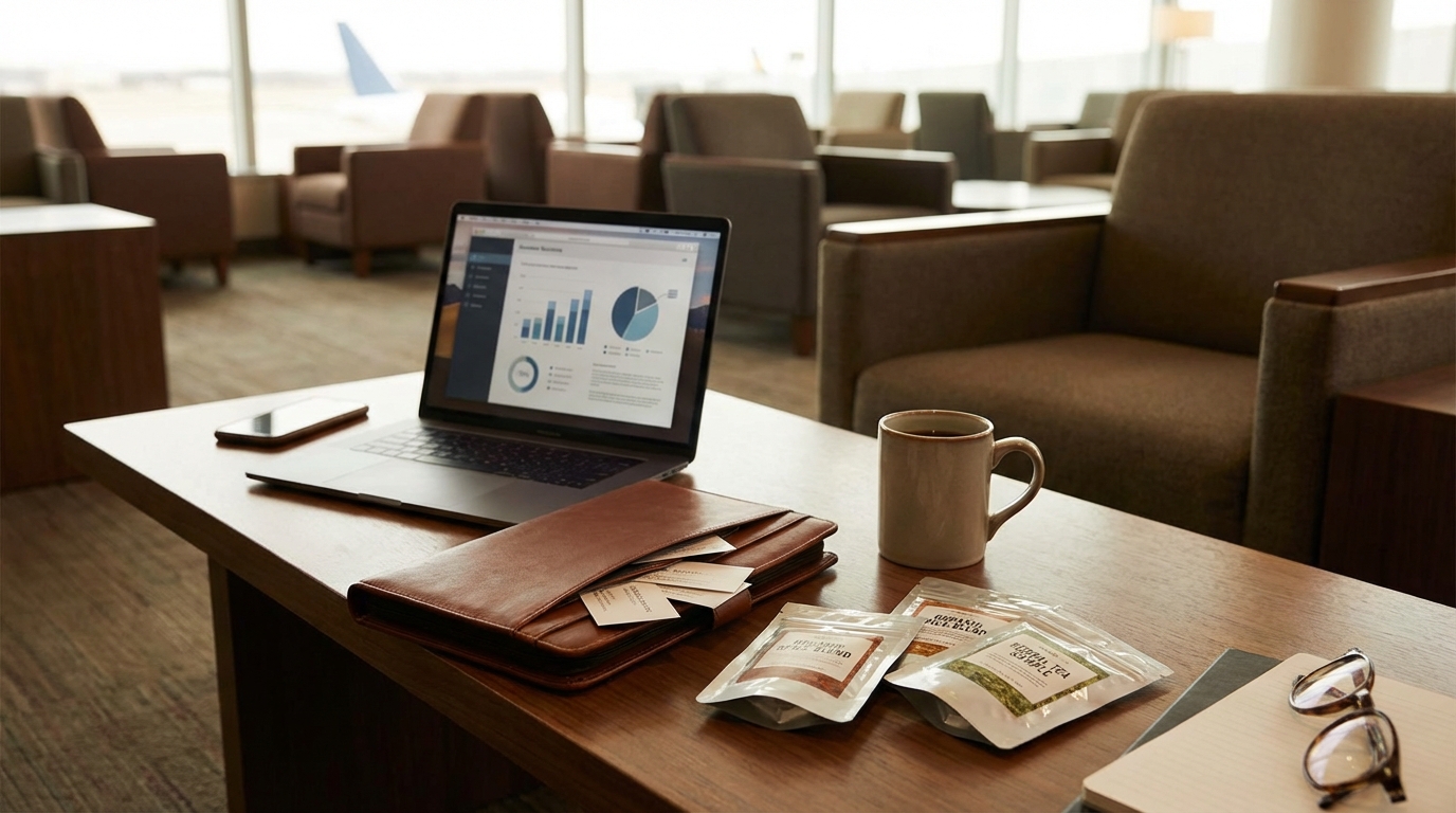 A mobile workspace with laptop, phone, and ingredient sample pouches in an airport lounge