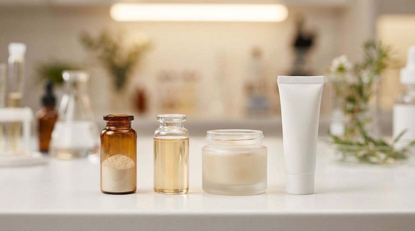 Laboratory bench with ingredient sample vials arranged in progression from raw material to finished formulation