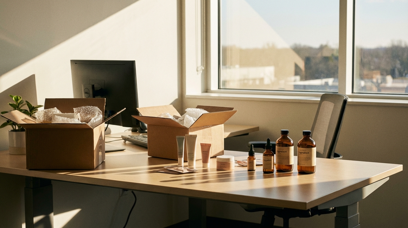 An empty office desk with ingredient samples and a partially packed box, suggesting a departing salesperson