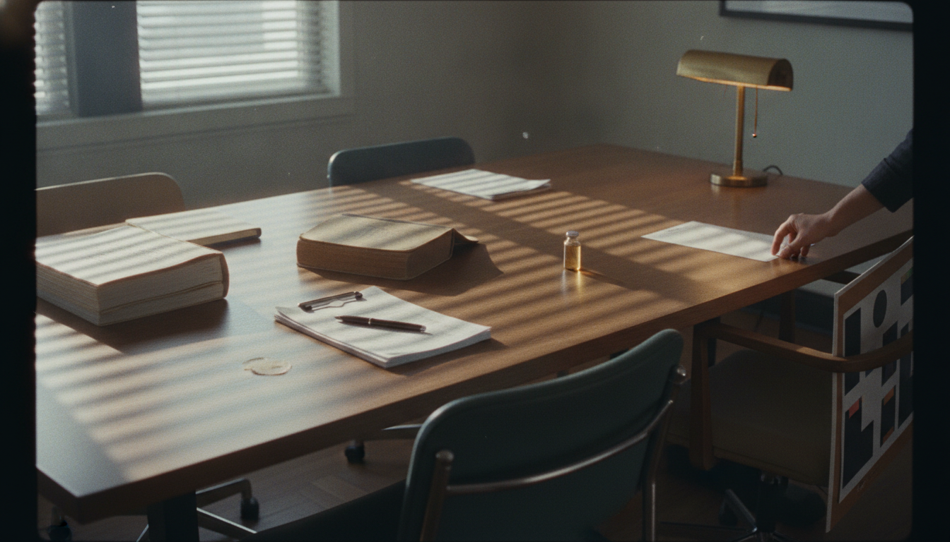 A conference room table set for a multi-department ingredient evaluation, with a regulatory dossier, stability-test printouts, a pricing sheet, a sample vial, and a worn 1980s-era hardcover book laid out under mixed window and desk-lamp light