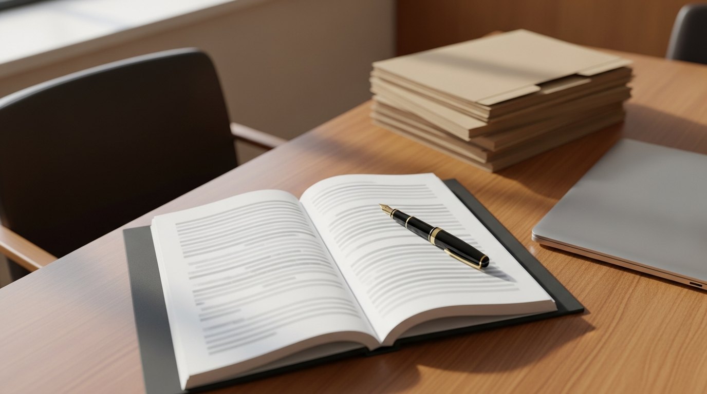 A corporate procurement office in soft daylight, a hardcover supplier code-of-conduct binder open on a desk next to a laptop, a fountain pen resting beside a signature line
